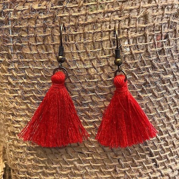 Rustic Red Tassel Earrings Handmade USA Boho Festival Light Weight - Picture 2 of 6